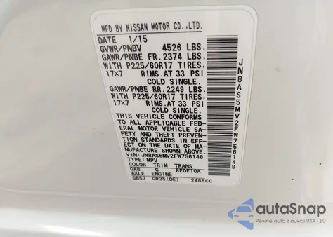 2015 Nissan Rogue Select S z USA, uszkodzony, nr VIN JN8AS5MV2FW756148